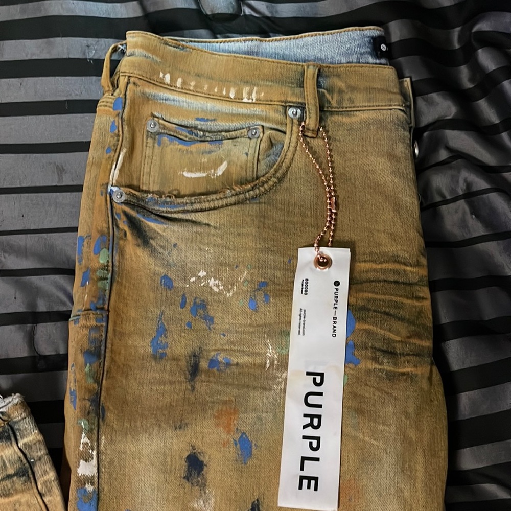 Tan + paint purple jeans